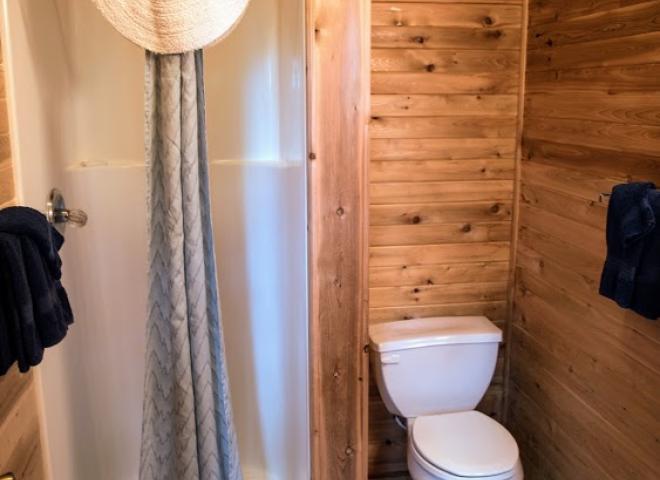 Bathroom with a shower stall.
