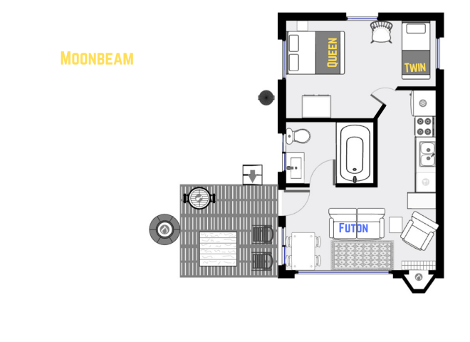Moonbeam's floor plan showing one level, one bedroom, and one bathroom.