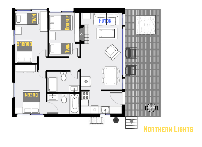Northern Lights' floor plan showing one level, three bedrooms, and two bathrooms.