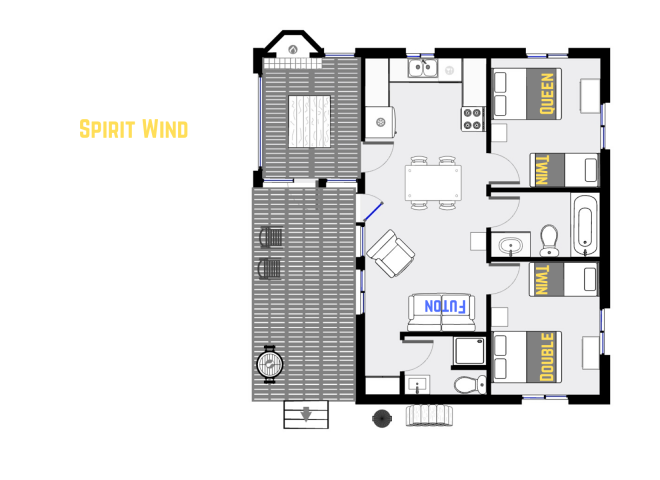 Spirit Wind's floor plan showing one level, two bedrooms and two bathrooms.