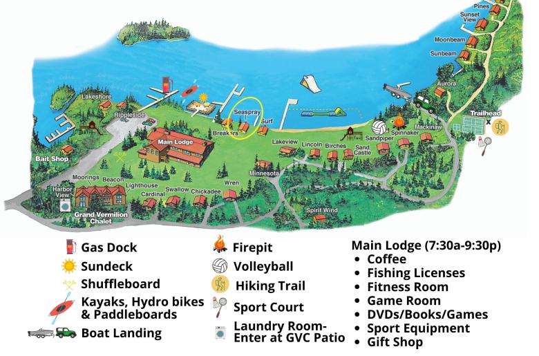 Resort map with Sea Spray circled, near the lodge.