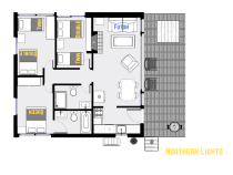 Northern Lights' floor plan showing one level, three bedrooms, and two bathrooms.