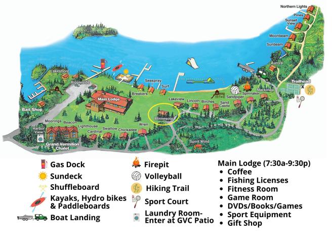 Resort map with Minnesota circled; located centrally at the resort.