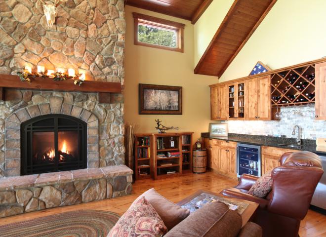 Fireplace and wet bar area.