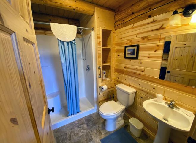 Main floor bathroom with a wide door and easy access shower and sink.