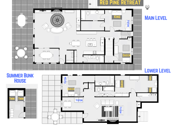 Red Pine's floor plan showing two levels, four bedrooms plus bunkhouse and four bathrooms.
